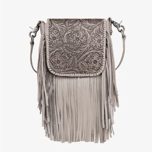 Fringed Floral Embossed Gray Crossbody Bag